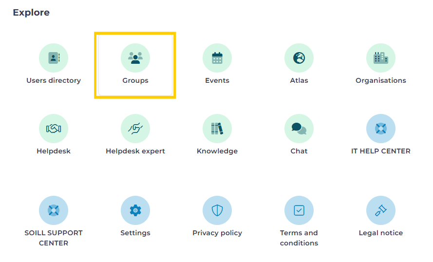 Groups directory in the SOILL Hub menu